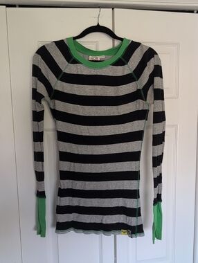 Roxy Black & Gray Striped Crew Sweater with Green Accents